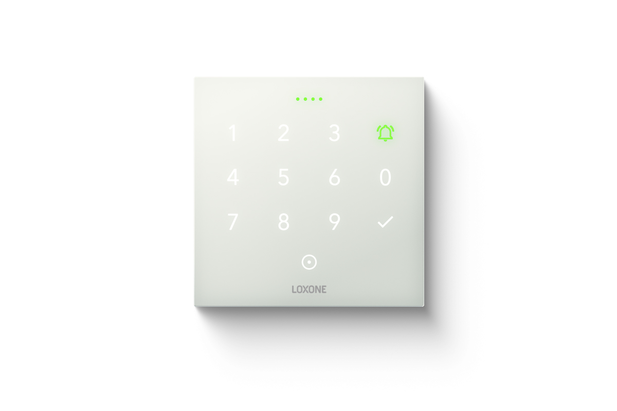 Loxone NFC Code Touch Tree Samtweiß, Frontansicht mit Zahlenfeld