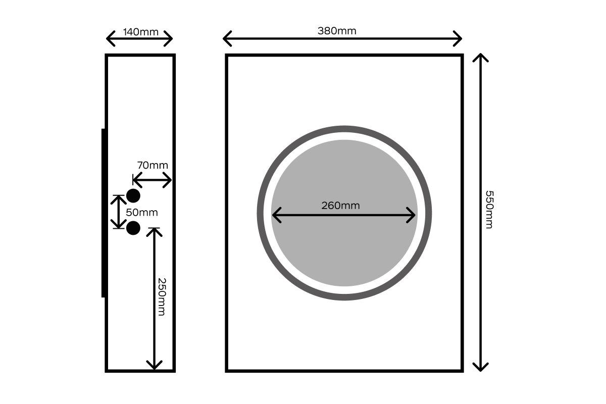 Maßzeichnung Loxone Einbaugehäuse 10 Zoll: 550 x 380 x 140 mm, Lautsprecherauslass 260 mm